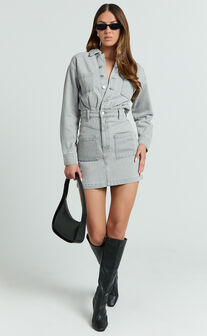 Kamala Mini Dress - Long Sleeve Button Through Denim Dress in Grey