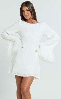 Rowella Mini Dress - Faux Feather Bell Sleeve Dress in White