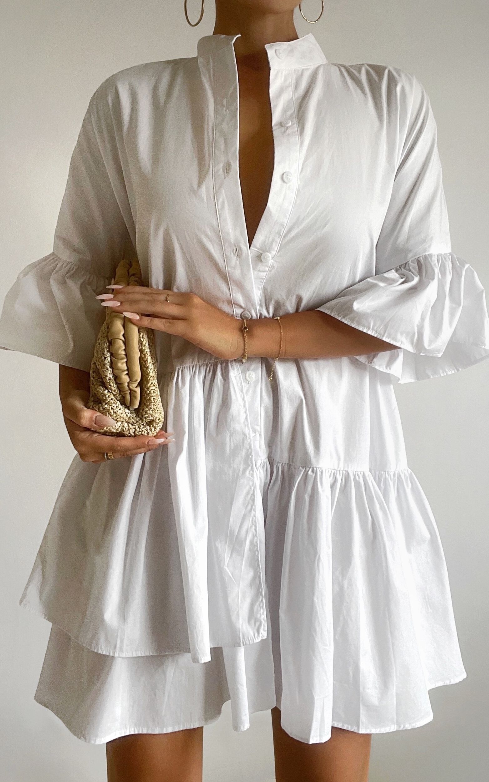 Elowen Mini Dress - Button Up Asymmetrical Tiered Smock Dress in White - 06, WHT1