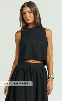 Vicky Top - Linen Shift Key Hole Crop Top in Black