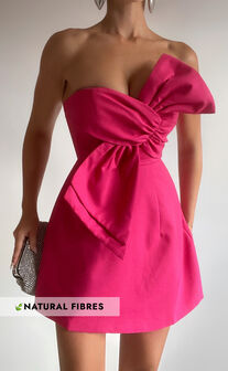 Chika Mini Dress - Linen Strapless Front Bow Dress in Peony Pink