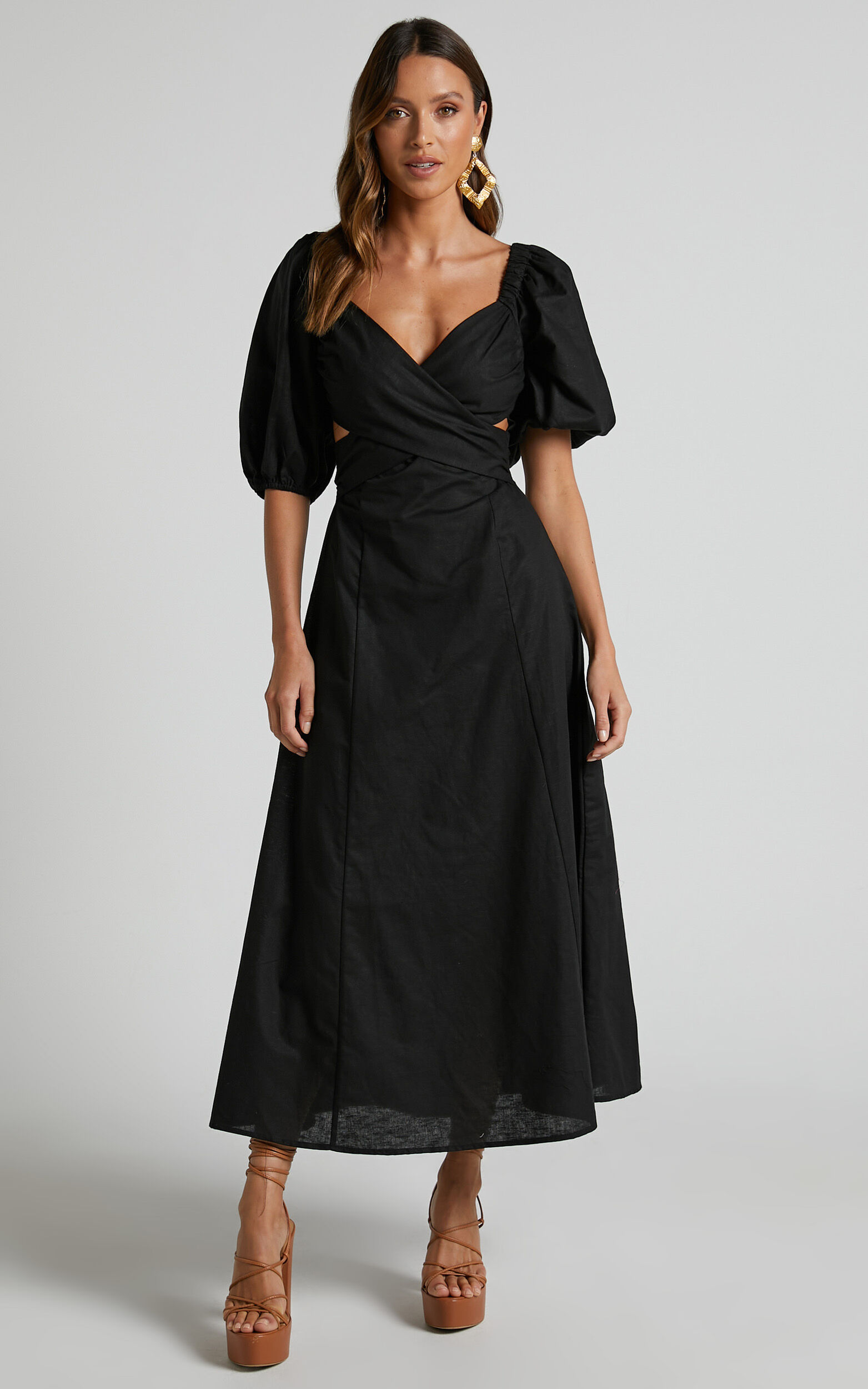 Amalie The Label - Janae Linen Blend Puff Sleeve Cut Out Midi Dress in ...