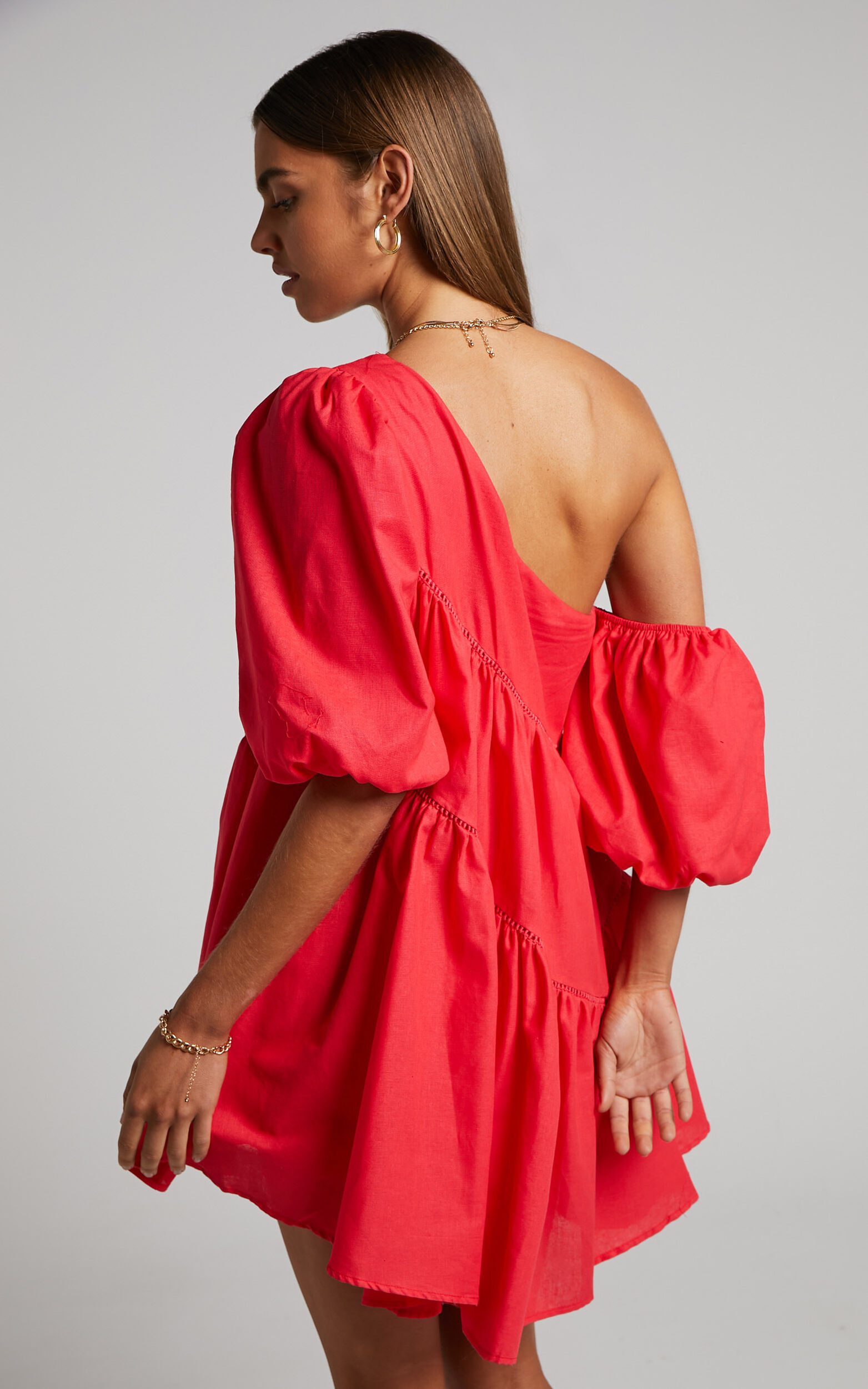 Harleen Mini Dress - Linen Look Asymmetrical Trim Puff Sleeve Dress in ...