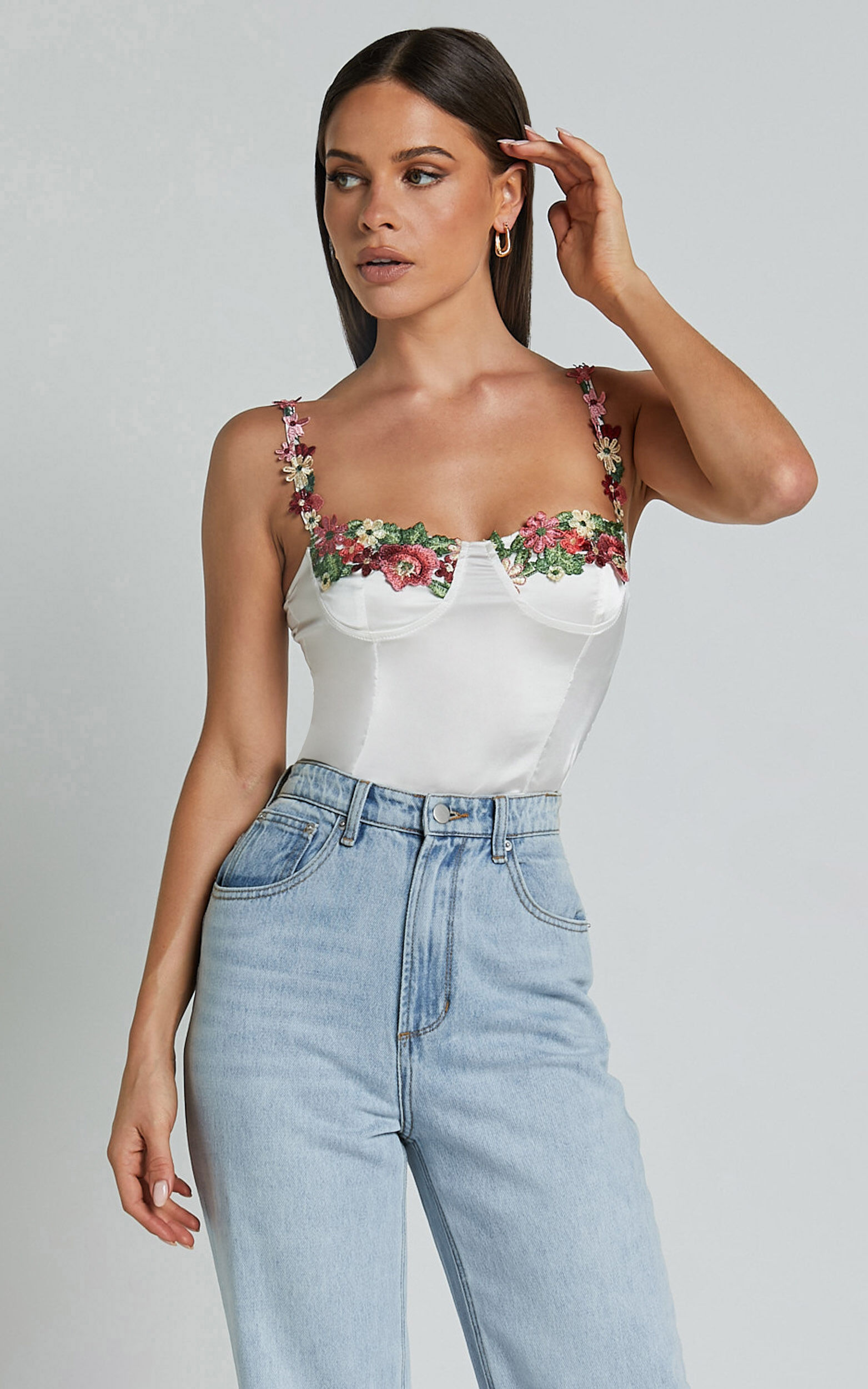 Harmony Top - Floral Detail Cup Bust Satin Crop Top in White - 06, WHT1