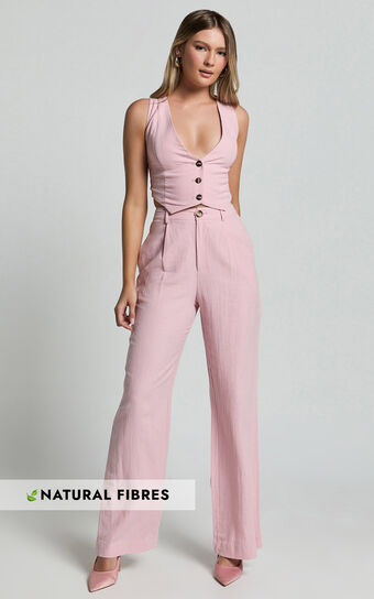 Bree Pants - Linen Look Mid Rise Relaxed Straight Leg Tailored Trousers in Light Pink