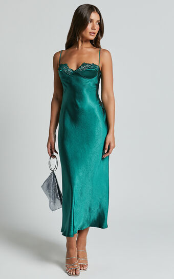 Clare Midi Dress - Sleeveless Wide V Neck Cup Bust Slip Dress in Emerald