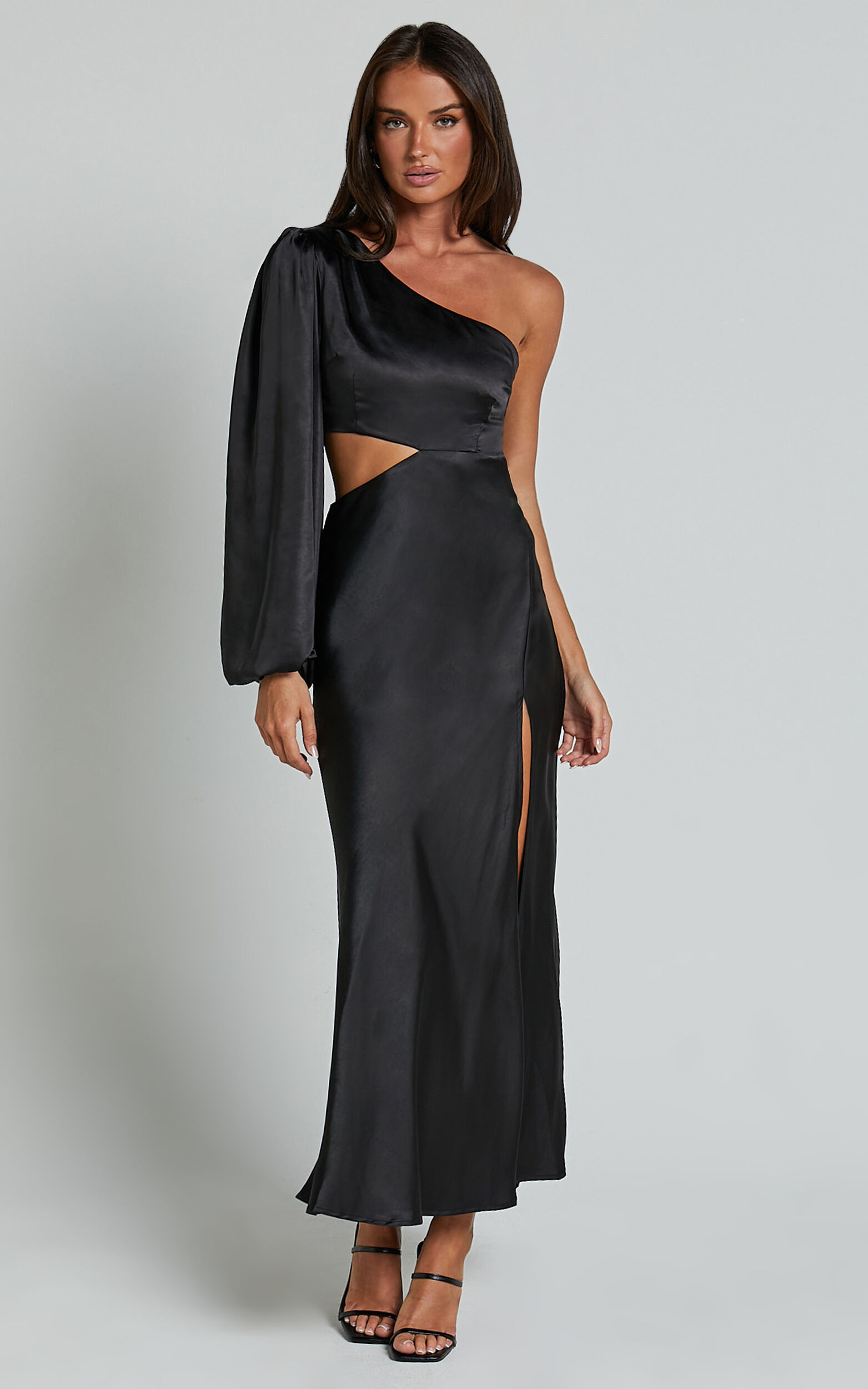 Arichie Midi Dress - Cut Out One Shoulder Balloon Sleeve Dress in Black - 06, BLK1