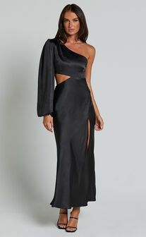 Arichie Midi Dress - Cut Out One Shoulder Balloon Sleeve Dress in Black