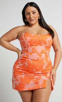 Brailey Mini Dress - Strapless Dress in Orange Jacquard