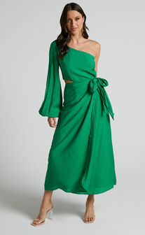Savannah Midi Dress - One Shoulder Long Sleeve Cut Out Wrap Skirt in Green