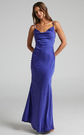 Lunaria Maxi Dress - Cowl Mermaid Slip Dress in Blue