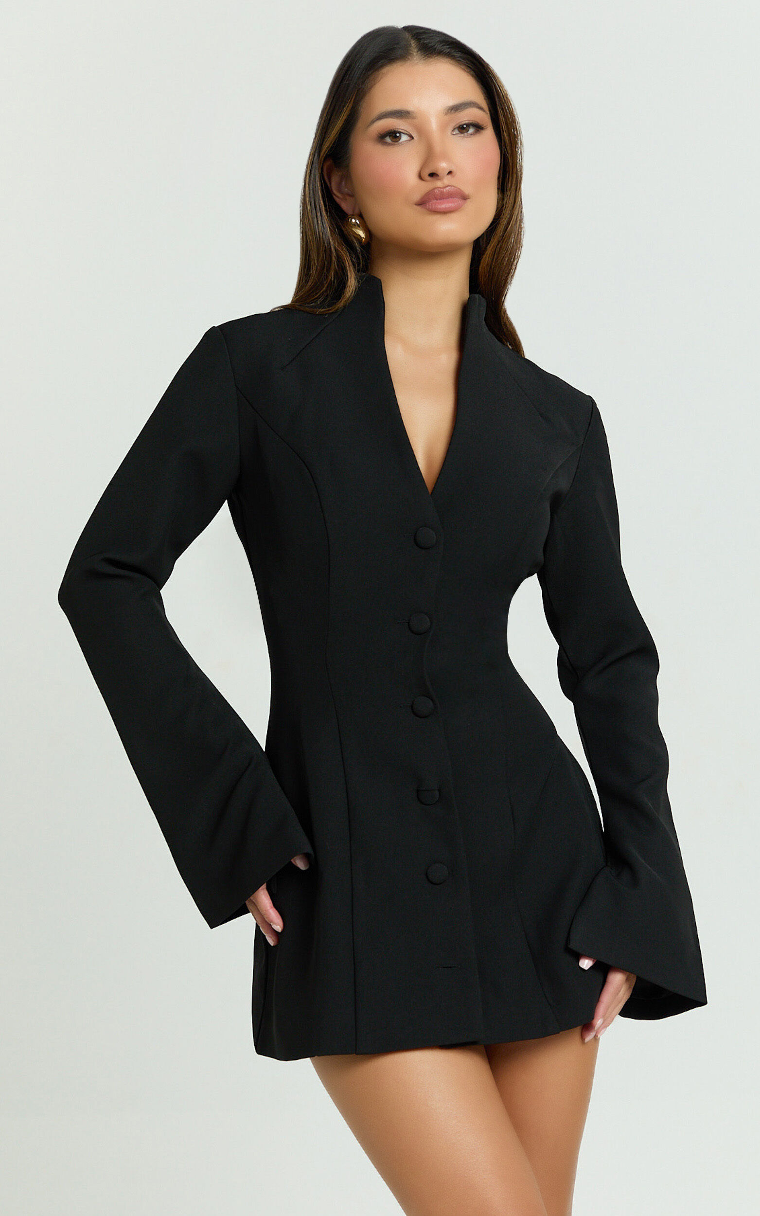Layton Mini Dress - V Neck Long Sleeve Button Front Tulip Skirt Dress in Black - 06, BLK1