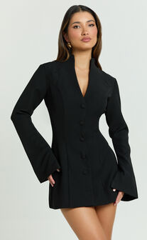 Layton Mini Dress - V Neck Long Sleeve Button Front Tulip Skirt Dress in Black
