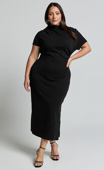 Zayna Midi Dress - Jersey Short Sleeve Dress in Black