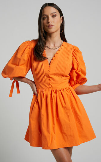 Zandra Mini Dress - Puff Sleeve Poplin Dress in Orange | Showpo