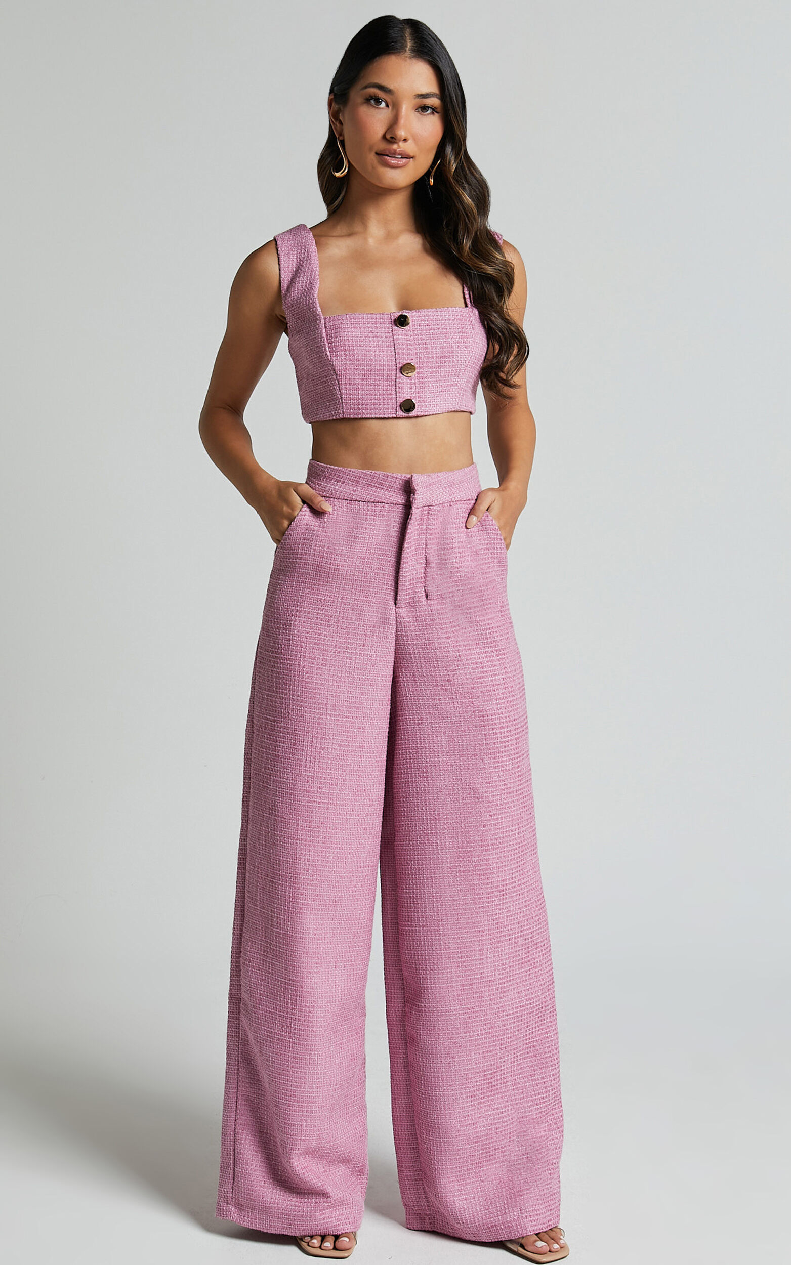 Amaris Two Piece Set - Button Detail Crop Top and Wide Leg Pants Set in Pink - 06, PNK1