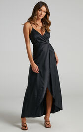 Mine Would Be You Midi Dress - Wrap Dress in Black Satin | Showpo USA