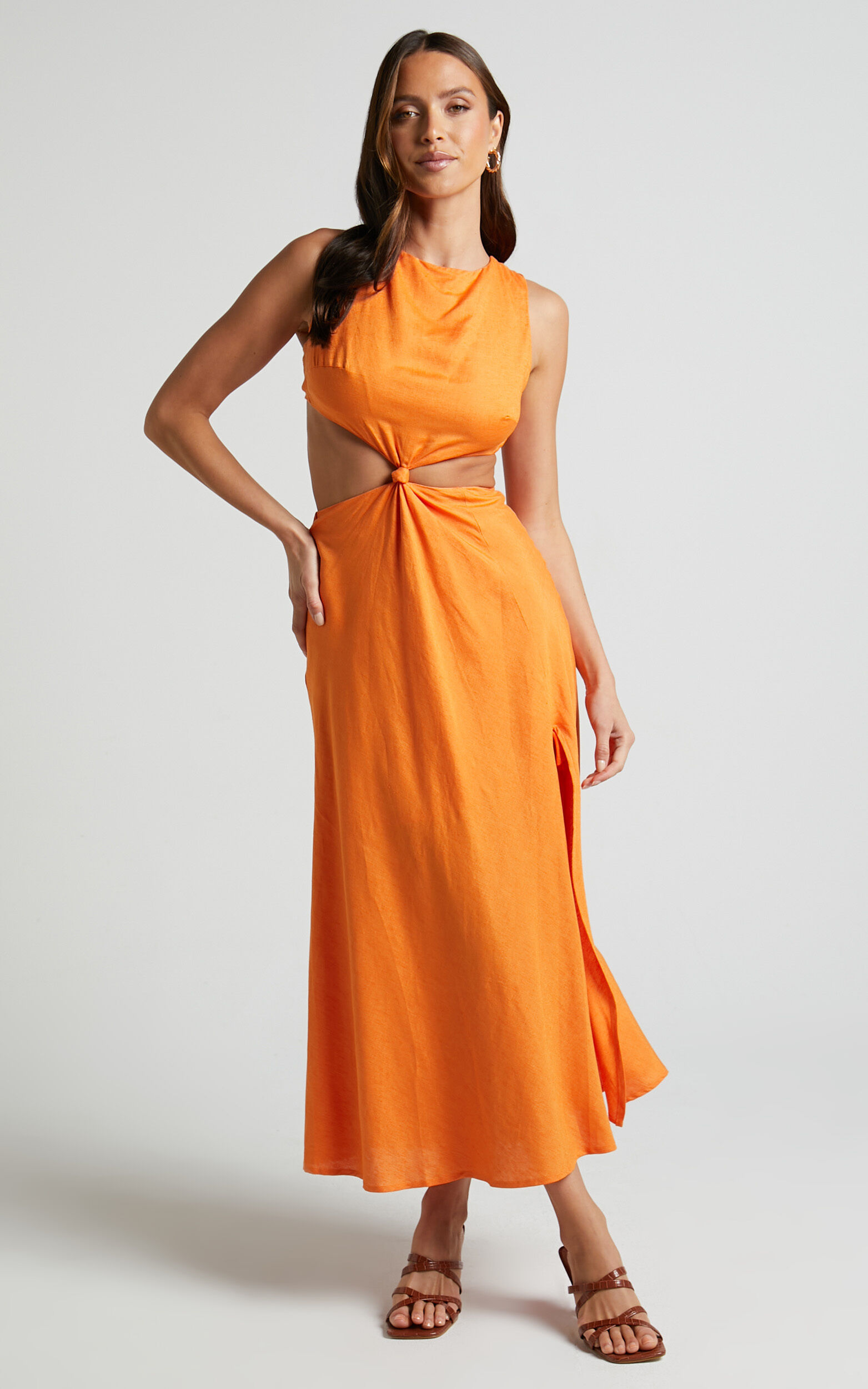 Olivia Midi Dress - Sleeveless Cut Out Slit Side Dress in Orange - 06, ORG1
