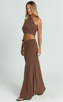 Chelsea Two Piece Set - Linen Halter Neck Top and Bias Cut Sheer Maxi Skirt in Chocolate