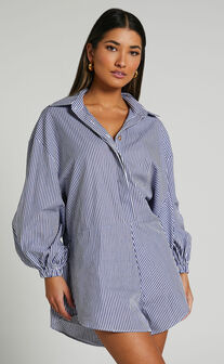 Anka Playsuit - Relaxed Button Front Shirt Playsuit in Navy Stripe