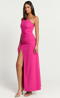 Marge Maxi Dress - One Shoulder Ruched Thigh Split Dress in Hot Pink