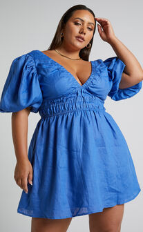 Amalie The Label - Khaila Linen Plunge Puff Sleeve Mini Linen Dress in Blue