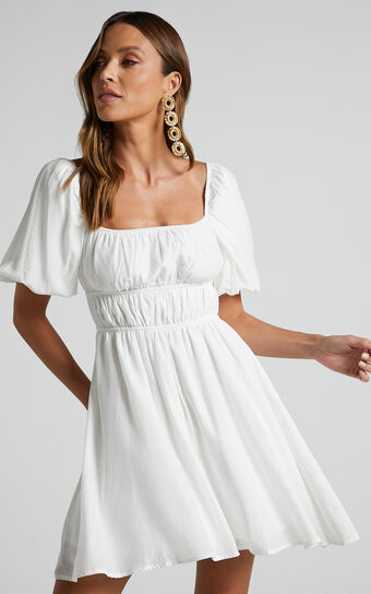 Maretta Mini Dress - Stretch Waist Square Neck Dress in White