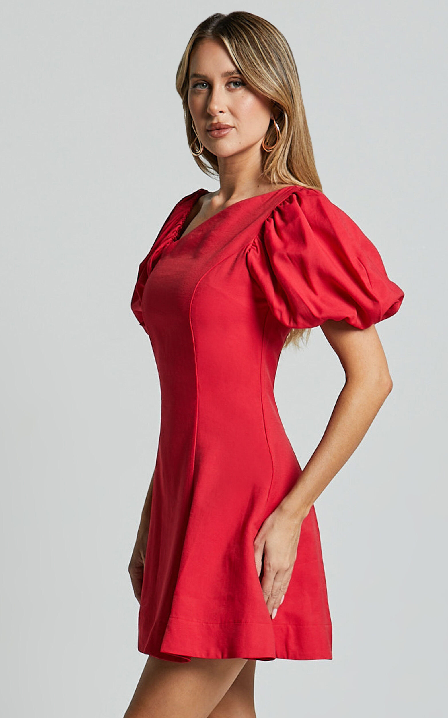 Harlow Mini Dress - Asymmetric Puff Sleeve Flare Dress in