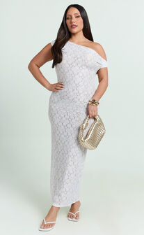 Sally Maxi Dress - Stretch Lace Twist Off Shoulder Dress in White