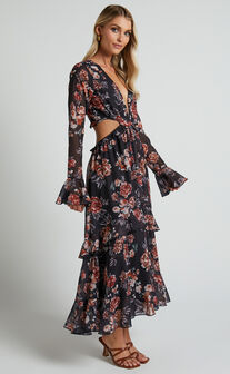 Kakai Midi Dress - Plunge Front Long Sleeve Ruffled Dress in Black Floral