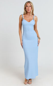 Gisele Maxi Dress - Twist Straps V Neck Fitted Column Dress in Blue