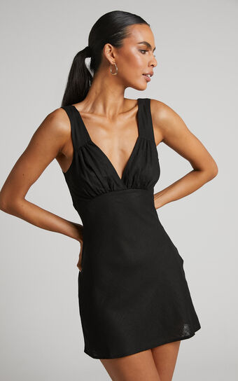 Kelly Mini Dress - Linen Look Plunge Dress in Black