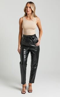 Layton Pants - Paper Bag Waist Faux Leather Pants in Black