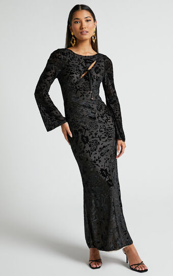 Adina Midi Dress - Long Sleeve Bodycon Bust Side Cut Out Dress in Black