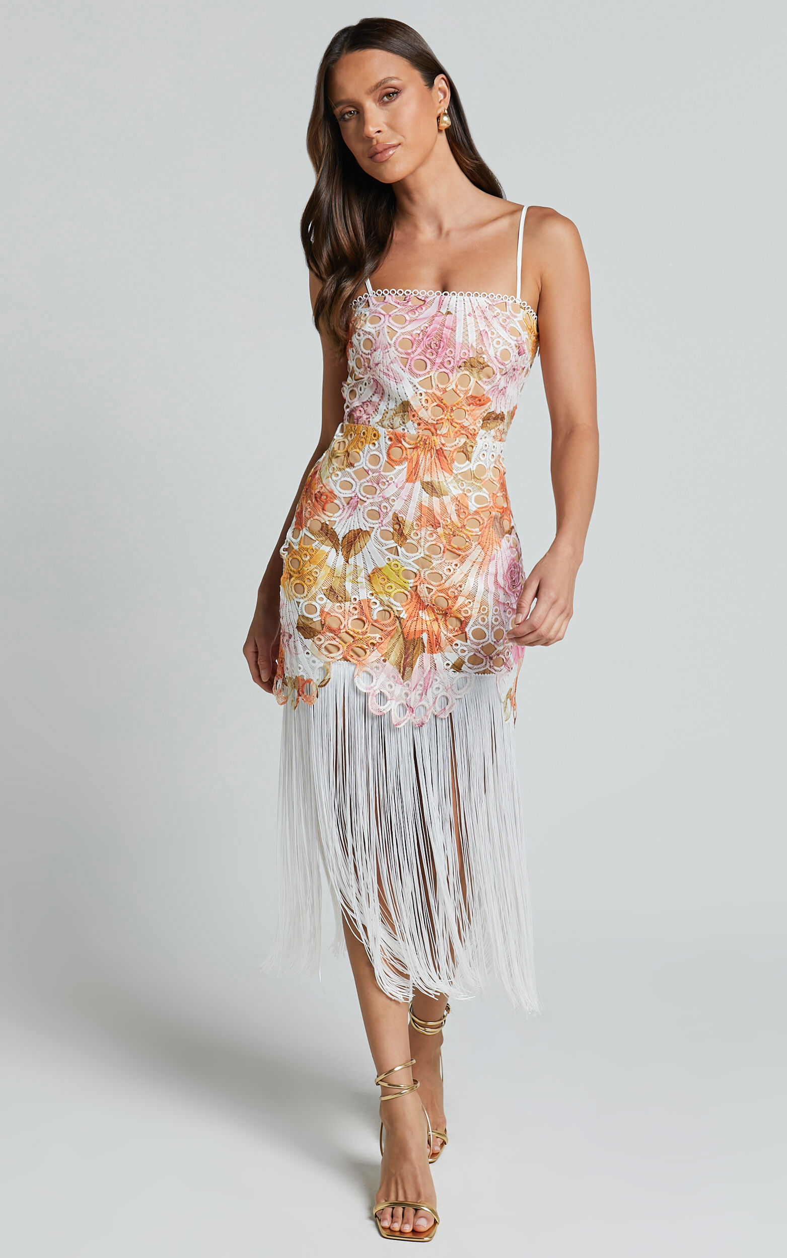 Alana Midi Dress - Embroidered Lace Dress With Fringing Detail in Pink - 06, PNK1