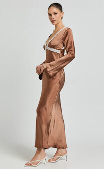 Carmela Midi Dress - Long Sleeve V Neck Lace Detail Dress in Chocolate