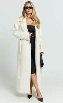 Farah Coat - Single Breasted Oversized Longline Wrap Coat in Off White