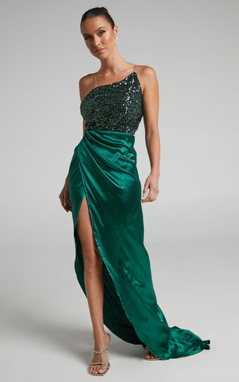 Tiffania Maxi Dress - High Split Asymmetric Sequin Bodice Strapless Dress in Emerald