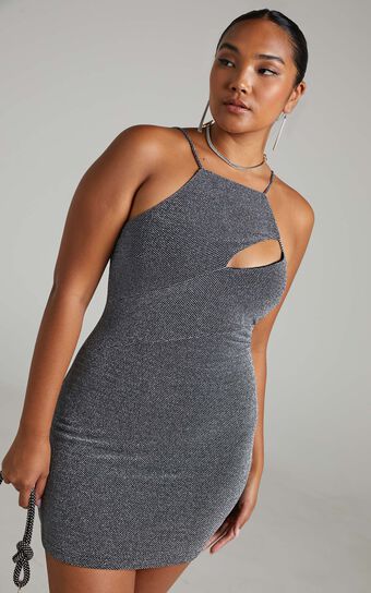 Emeraude Mini Dress - Split Bust Lurex Dress in Black and Silver