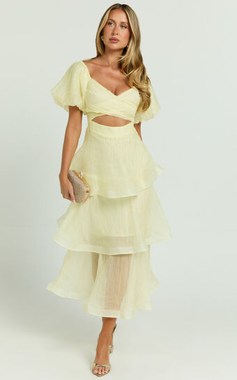 Giselle Midi Dress - Short Puff Sleeve Front Cut Out Layered Dress in Lemon