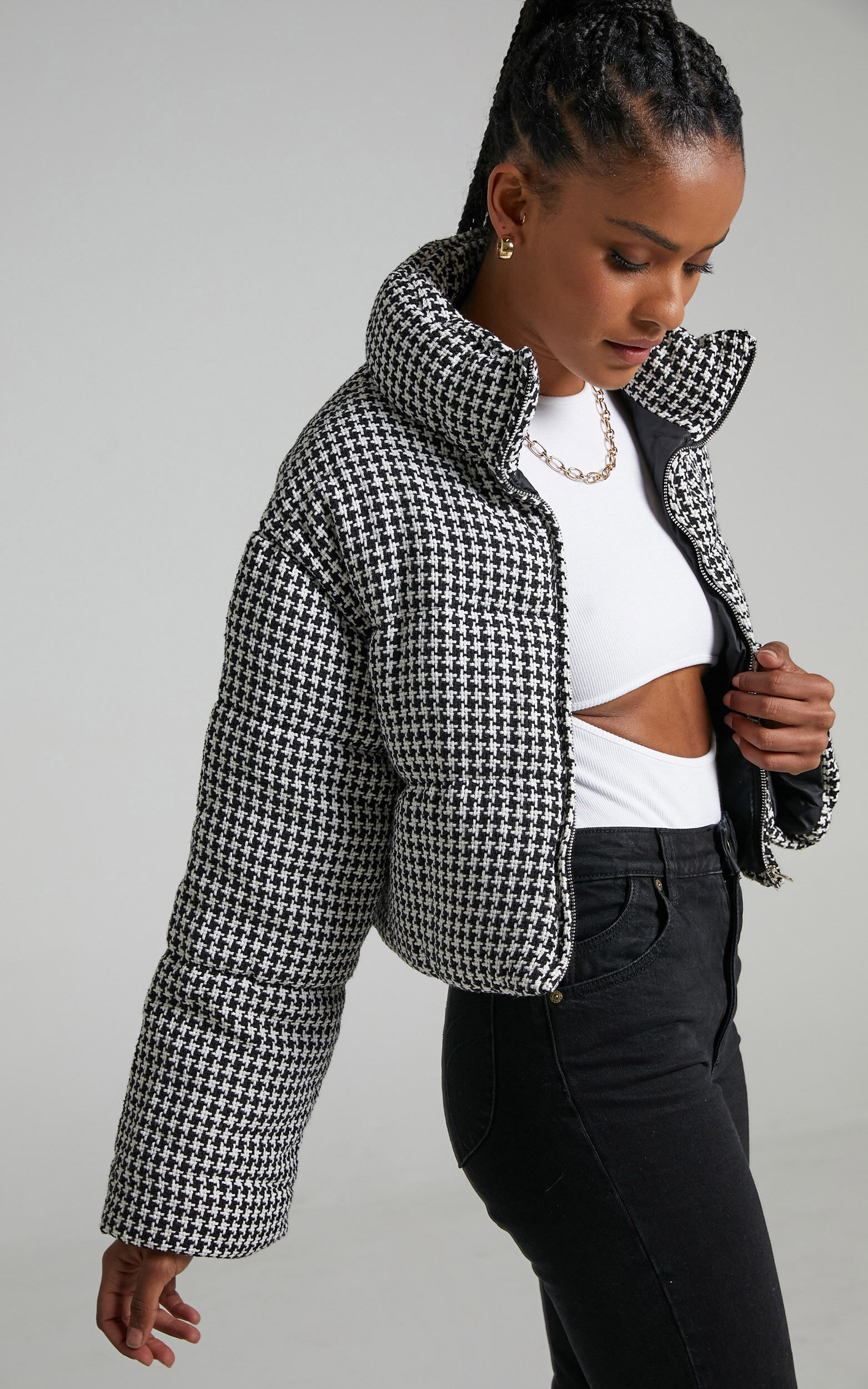 Cropped check online puffer jacket