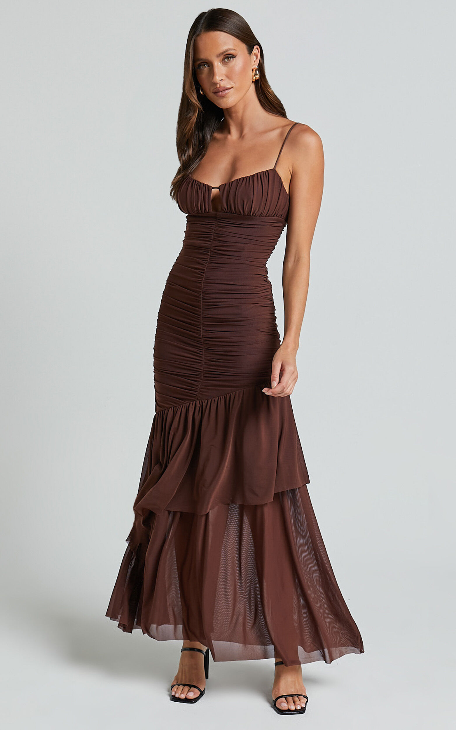 Harlene Maxi Dress- Ruched Mesh Frill Hem Dress in Chocolate - 06, BRN1