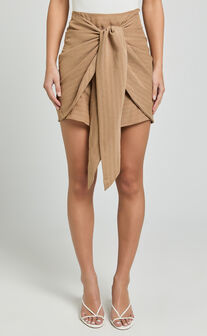 Kerzi Mini Skirt - Tie Front Wrap Skirt in Biscuit