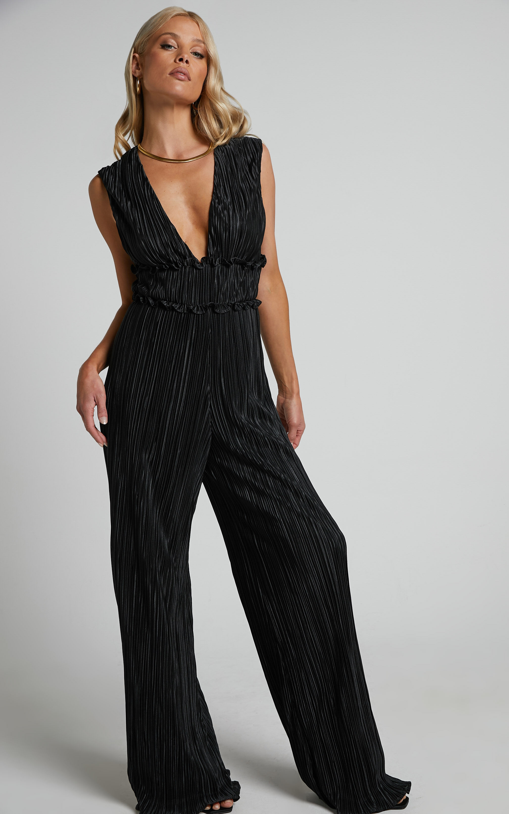 Armida Jumpsuit Plunge Neck Wide Leg Plisse Jumpsuit in Black