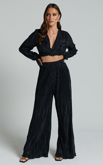 Aluna Two Piece Set - Plisse Twist Front Crop Top and Wide Leg Pants Set in Black