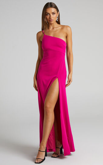 Magnaye Maxi Dress - One Shoulder Thigh Split Dress in Pink Stretch Crepe