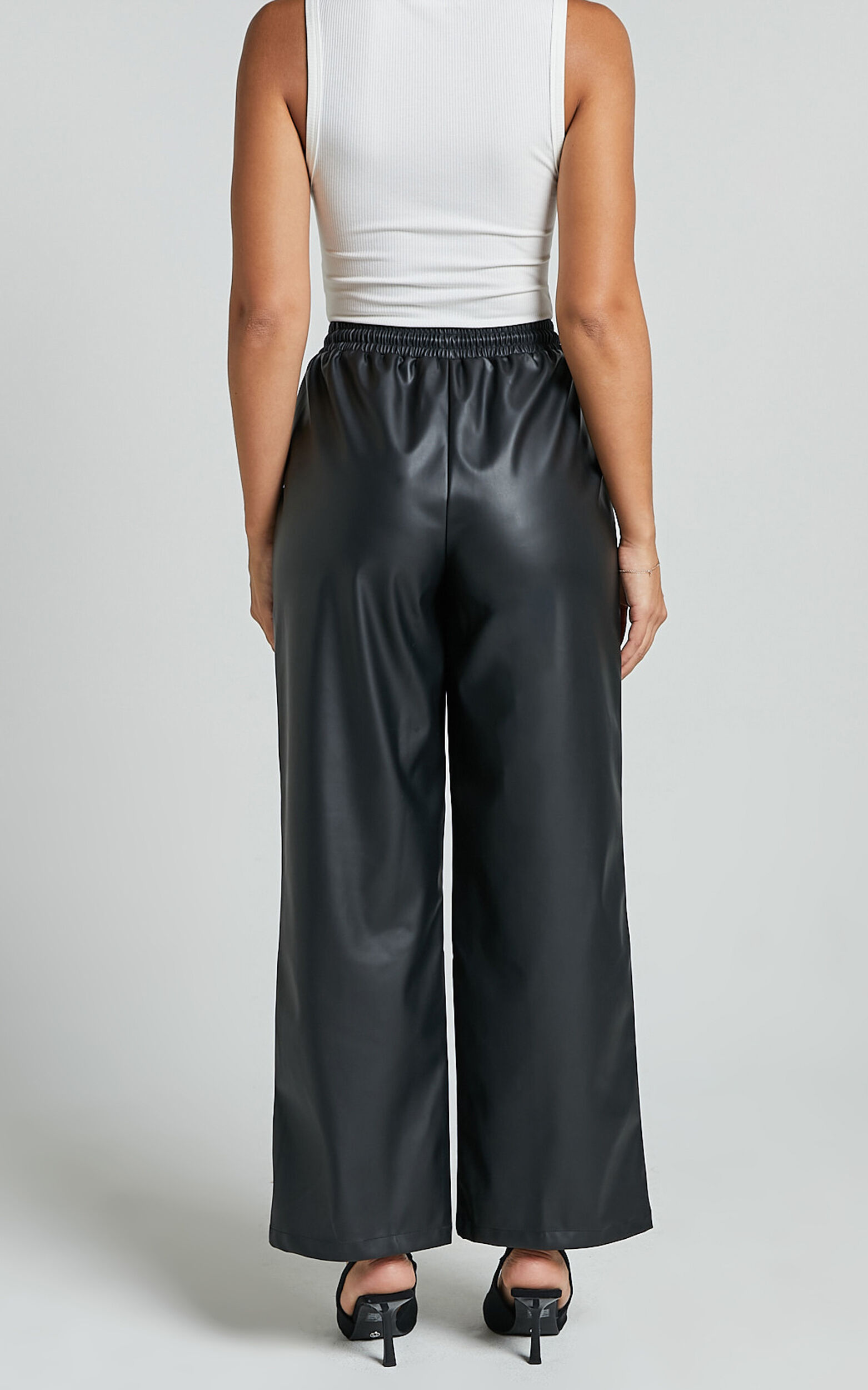 Leah Pants High Waist Drawstring Faux Leather Pants in Black