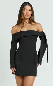 Eljay Mini Dress - Long Sleeve Off Shoulder Knot Detail Dress in Black