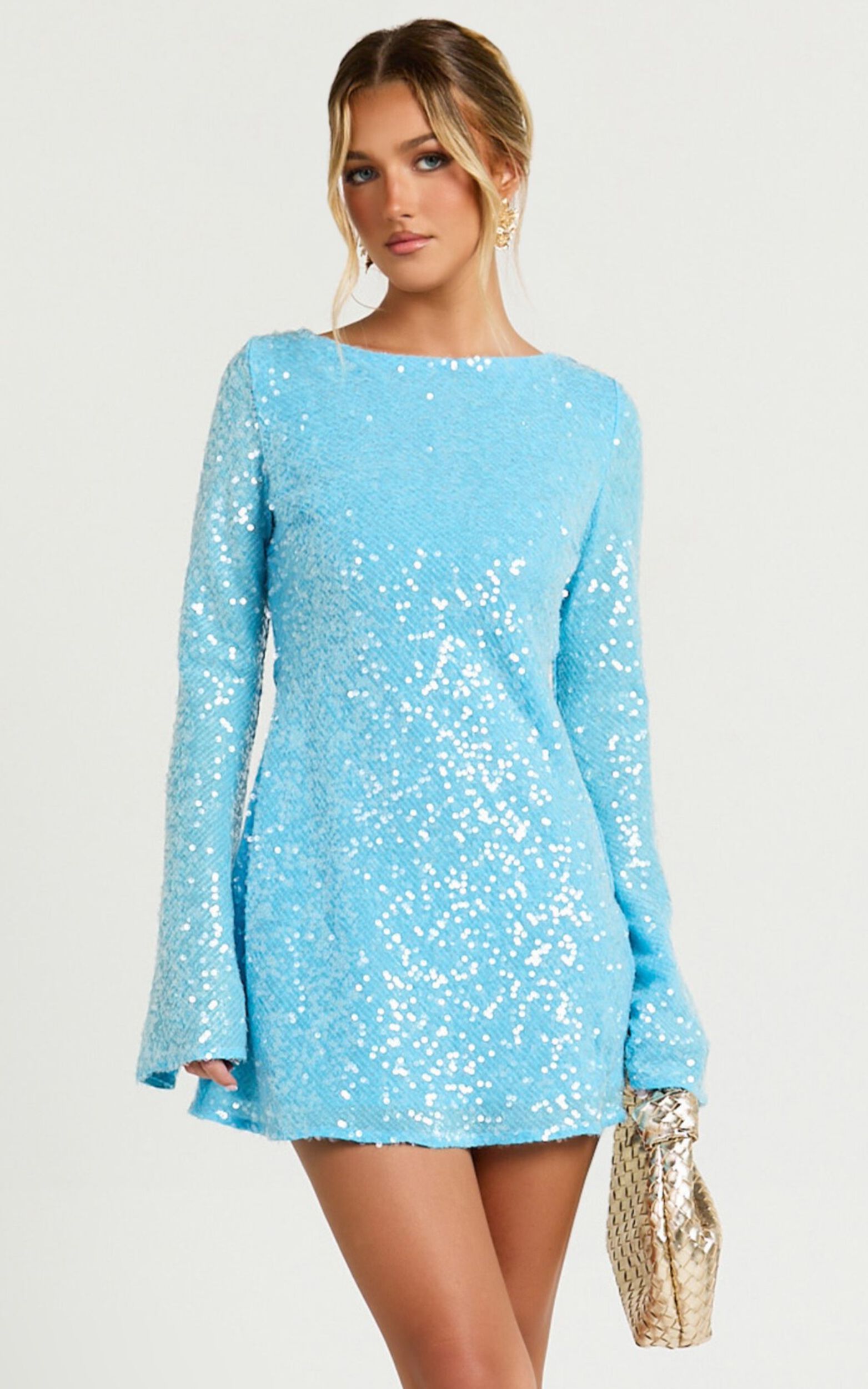 Bertina Mini Dress - Sequin Scoop Neck Low Back Dress in