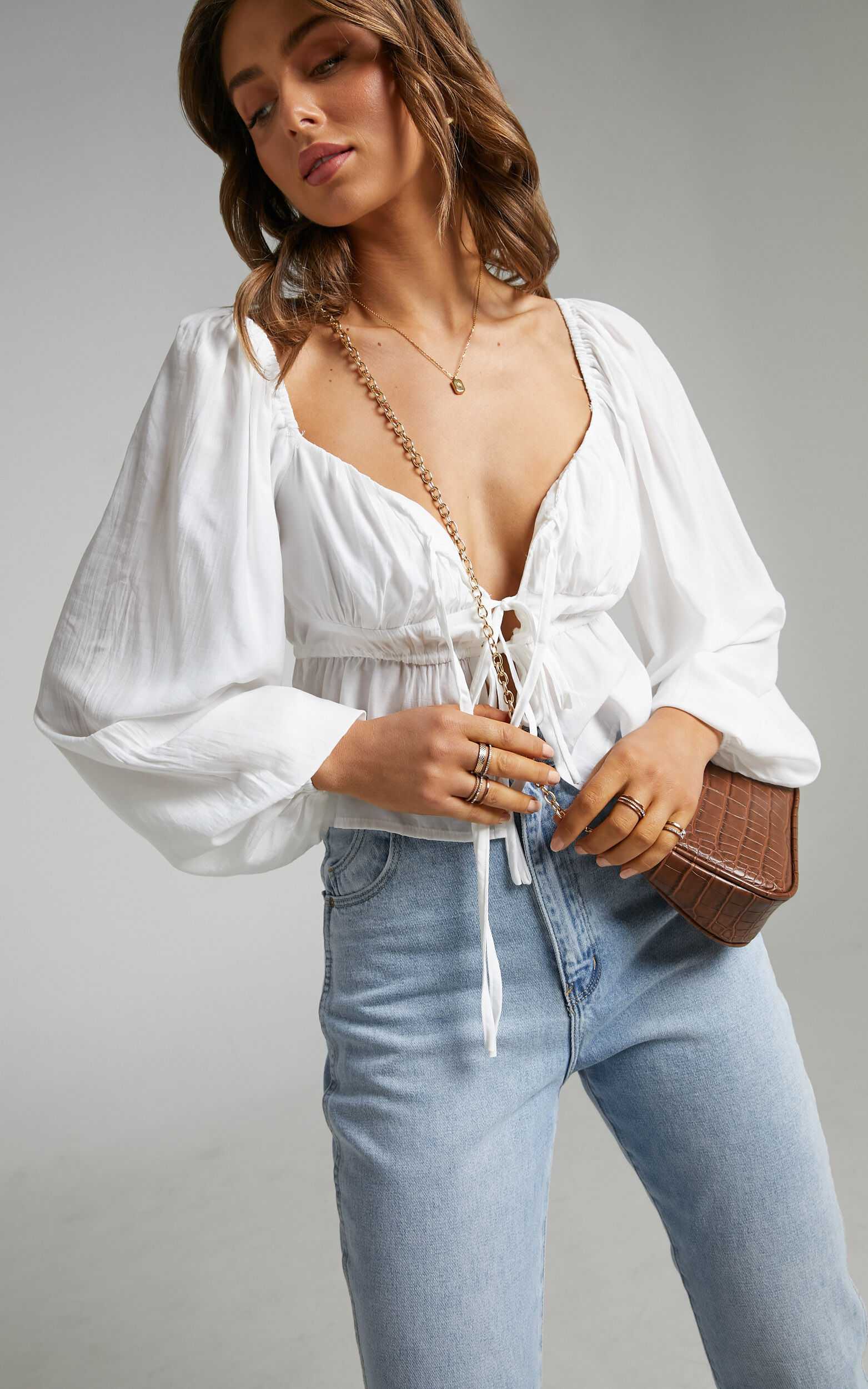Nadine Top - Long Sleeve Ruched Bust Top in White - 06, WHT5